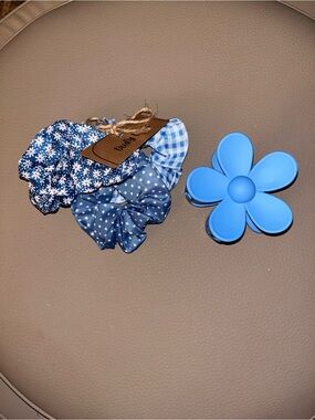 Blue Floral and Polka Dot Scrunchie Set with Blue Flower Clip